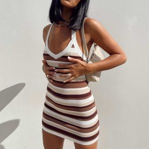 PRINCESS POLLY CIRO MINI BODYCON DRESS BROWN STRIPED SIZE 0